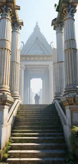 Steps leading to an ancient temple with striking pillars and lush greenery.