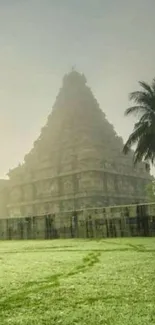 Ancient temple with misty sky and lush green surroundings.