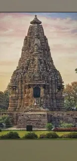 Ancient temple surrounded by nature, viewed at sunset.