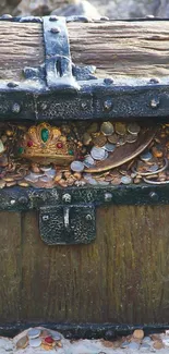 A detailed treasure chest filled with gold and jewels on a rocky background.