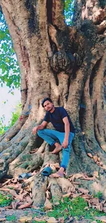 Person sitting by an ancient tree.