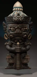 Intricate ancient tribal statue in dark brown hue.