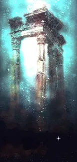 Ancient temple submerged underwater with mystical teal glow.