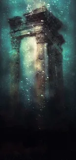 Ancient columns submerged in turquoise water with ethereal lighting.
