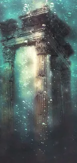 Underwater temple ruins in ethereal teal glow.