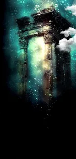 Ancient temple submerged underwater in mystical teal light.