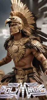 Majestic warrior in golden armor with ancient headdress against stormy sky.