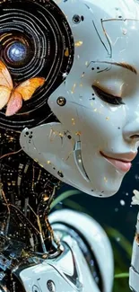 Futuristic android with butterfly theme.