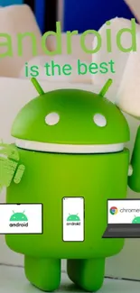 Playful green Android with marshmallows.