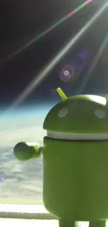 Android mascot in space with a cosmic backdrop.