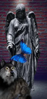 Angel statue with wolf and blue butterfly on brick wall.