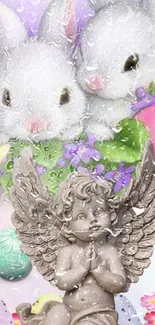 Stone angel with bunnies and eggs in colorful spring scene.