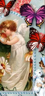 Charming angel with butterflies and flowers in a vintage-style wallpaper.