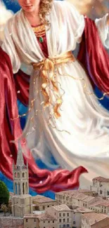 Angelic figure in flowing robes above a detailed cityscape on a phone wallpaper.