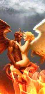 Angel and demon embrace in a fiery scene.