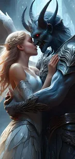 Angel and demon embrace in fantasy artwork.