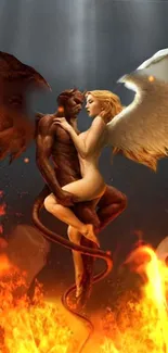 Angel and demon embracing amidst fiery flames.