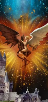 Angel and demon embracing with castle and cosmic backdrop.