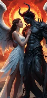 Angel and demon embracing with fiery sky backdrop.