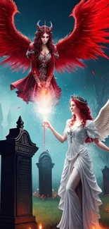 Fantasy art wallpaper with angel and demon in graveyard.