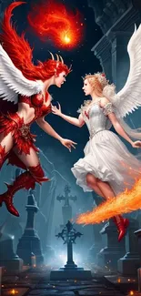 Fantasy art of angel and demon with flames and wings in a dark mystical setting.