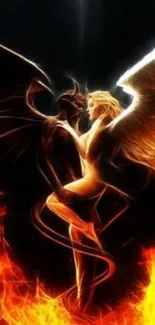 Angel and demon intertwined in fiery contrast.