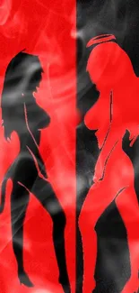 Angel and demon silhouettes on red and black background.