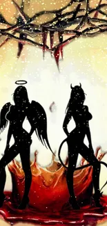 Angel and demon silhouettes in a striking wallpaper.