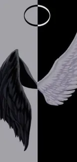 Black and white wings wallpaper with halo, depicting angel and demon contrast.