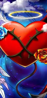 Heart with angel and devil wings on vibrant wallpaper.