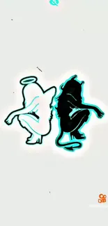 Minimalist silhouette of angel and devil with cyan glow on white background.