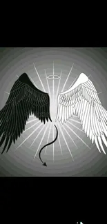 Dual black and white wings with halo and tail on dark background.