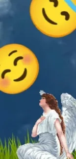 Angel kneeling with emojis in sky background wallpaper.