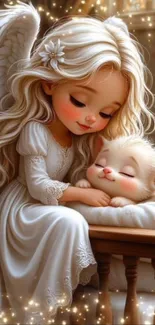 Angel sitting with sleeping kitten, serene and magical.