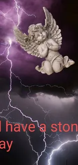 Stone angel with stormy lightning sky in vivid purples and whites.