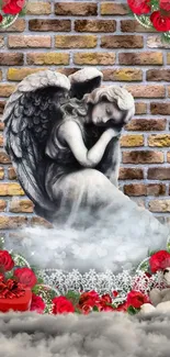 Serene angel surrounded by roses against a brick wall with a teddy bear.