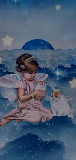 Angelic child with stars and cat in celestial cloudscape.