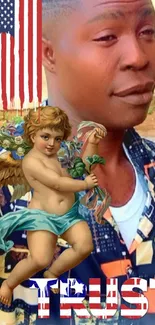 Cherubic angel over patriotic theme with text 'Trust' in vibrant colors.