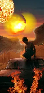Angel with wings on a car at sunset in urban ruins, dark and mystical.