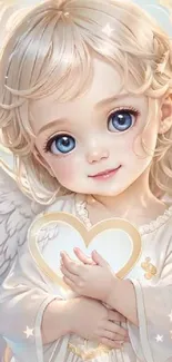 Cute angelic boy holding heart illustration.