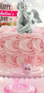 Valentine's Day cake with angel cherub on top and pink roses.