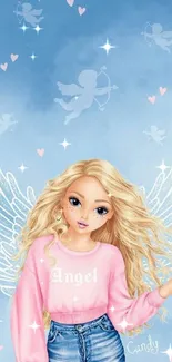 Charming angel cartoon in pastel blue backdrop with heart motifs.