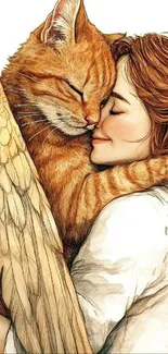 Woman hugging a winged cat with angelic embrace.