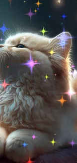 Fluffy cat with wings gazing at a starry night sky.