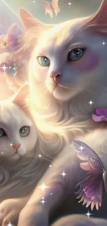 Angelic white cats with purple butterflies and flowers.