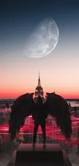 A mystical angel stands overlooking a cityscape at sunset under a crescent moon.