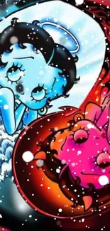 Cartoon wallpaper of angel and devil characters with pink and blue hues.