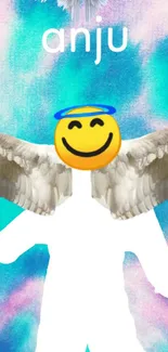 Angel emoji with wings on tie-dye background.