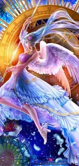 Fantasy art of an angel with pink wings and celestial background.