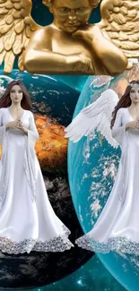 Angelic figures in white dresses against Earth backdrop